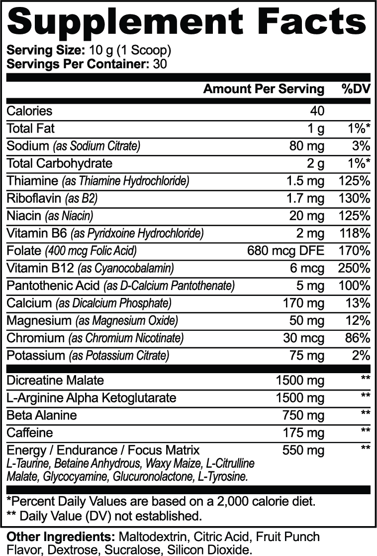 Nitric Shock Pre-Workout Powder Fruit Punch supplement facts table detailing nutritional information and nutrients per serving.
