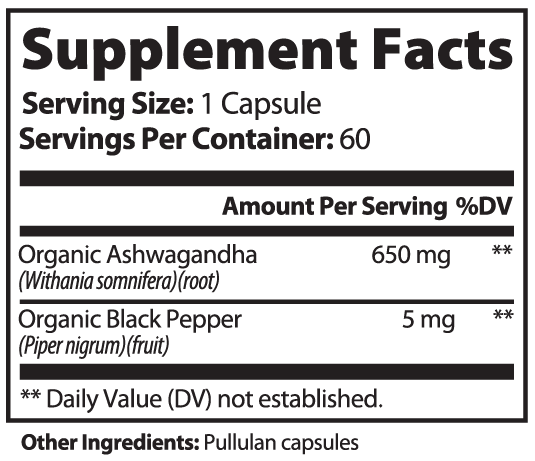 Supplement facts for Ashwagandha capsules including ingredients and serving size information.
