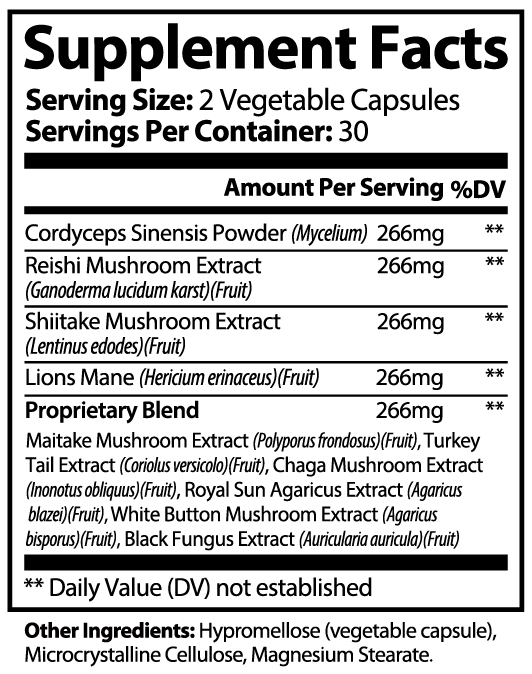 Supplement facts for Mushroom Complex 10 X showing ingredients and serving details.