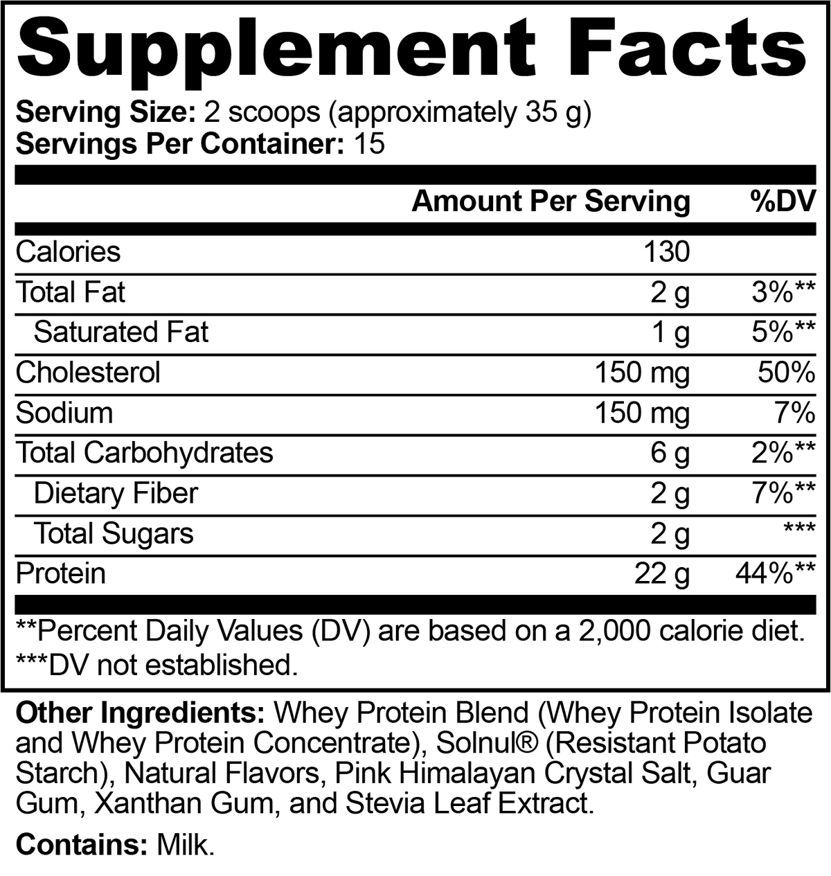 Supplement facts for Performance Whey Protein Blend Chocolate highlighting protein, calories, and serving size.