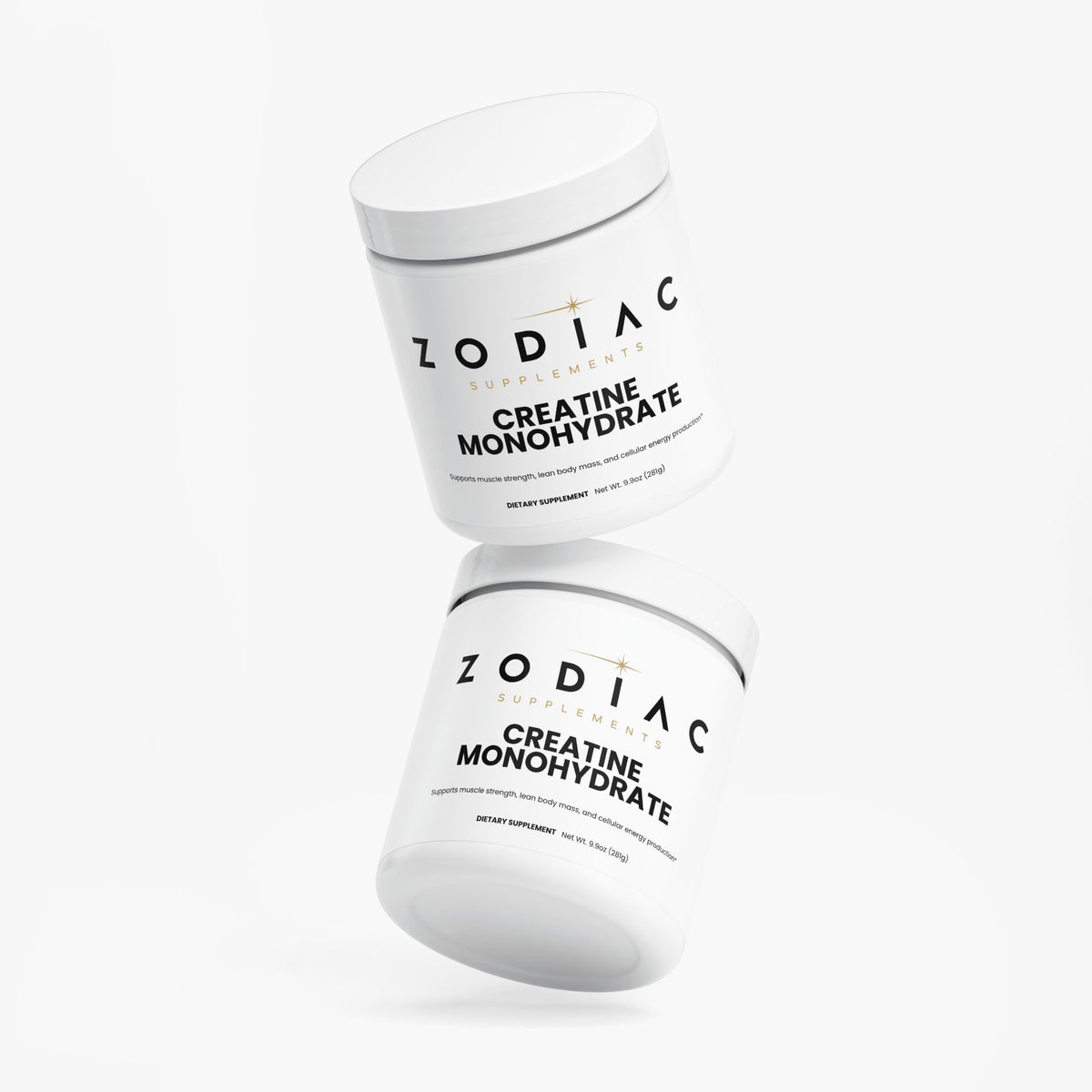 Zodiac Supplements Creatine Monohydrate product containers showcasing athletic performance enhancement.