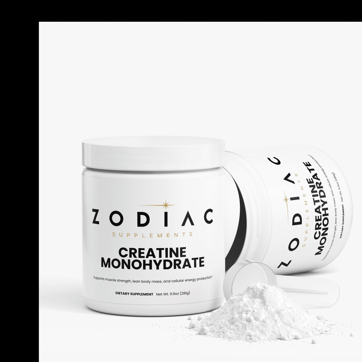 Zodiac Supplements Creatine Monohydrate jar with powder, supports muscle strength and energy production.
