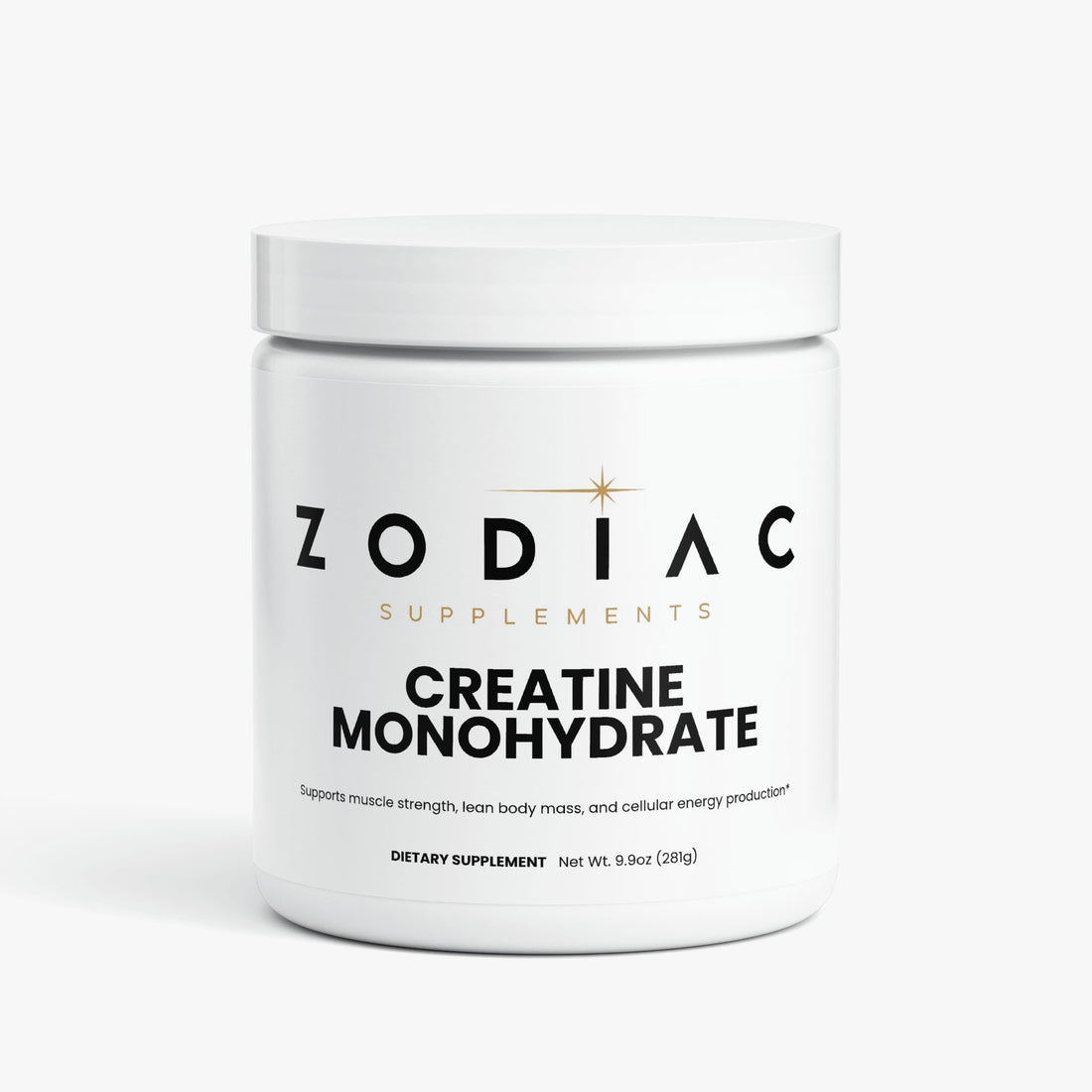 Zodiac Supplements Creatine Monohydrate container, supports muscle strength and body mass.