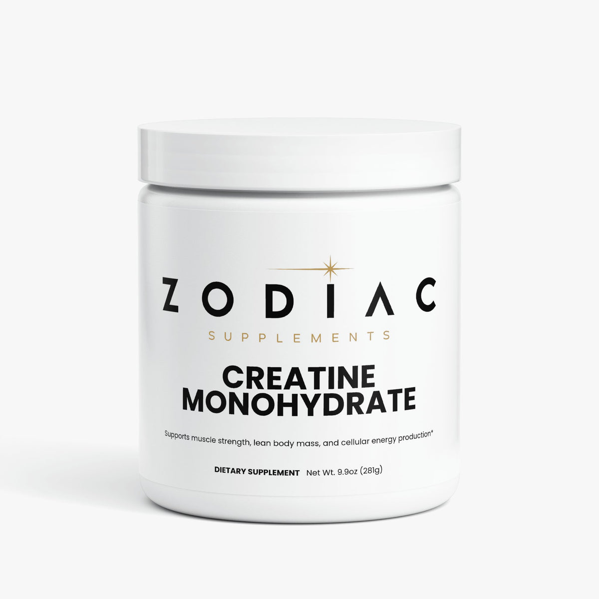 Zodiac Supplements Creatine Monohydrate container, supports muscle strength and body mass.
