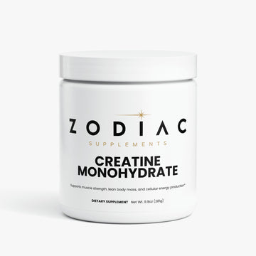 Zodiac Supplements Creatine Monohydrate container, supports muscle strength and body mass.