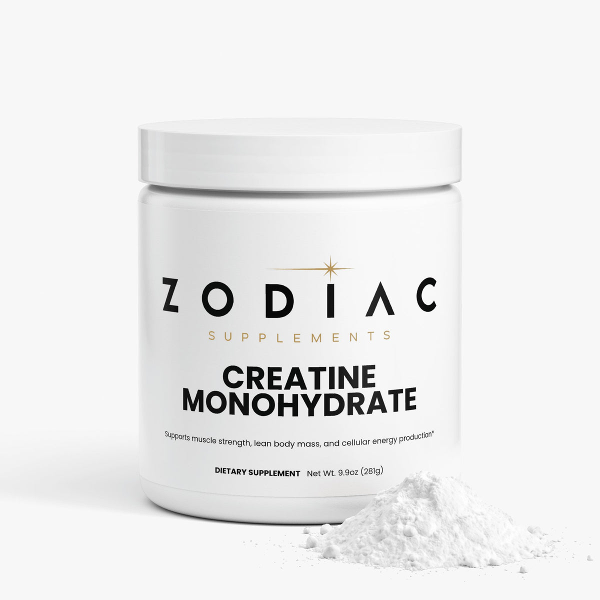 Zodiac Supplements Creatine Monohydrate powder container with a scoop of creatine.