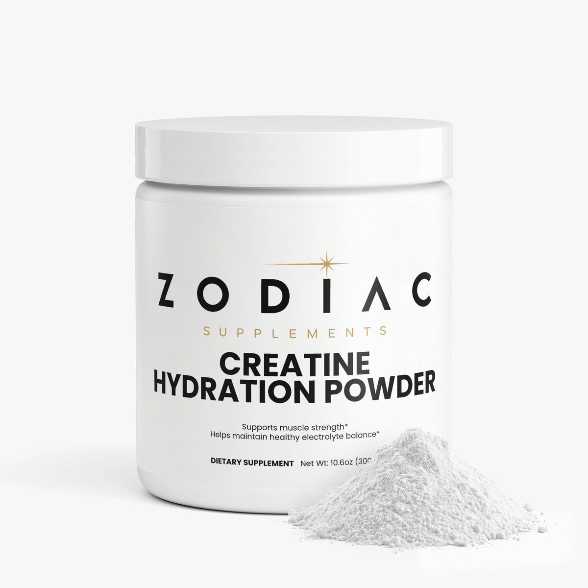 Zodiac Supplements Creatine Hydration Powder jar with powder, supports muscle strength and hydration.