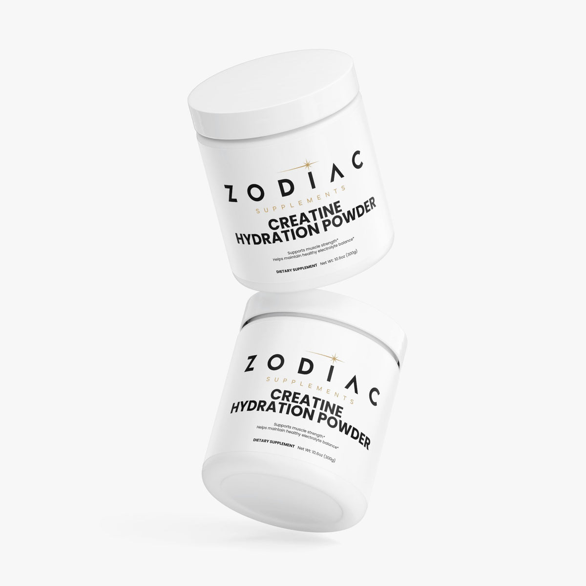 Zodiac Supplements Creatine Hydration Powder containers stacked for hydration and energy support in workouts.