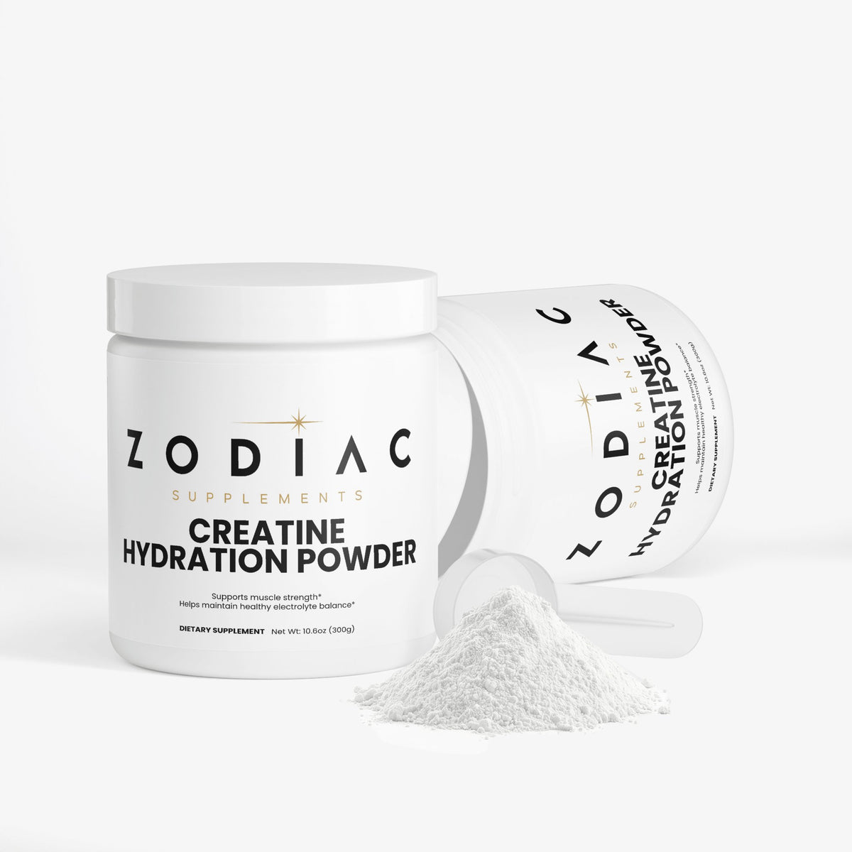 Zodiac Supplements Creatine Hydration Powder container and scoop for athletic performance and hydration support.