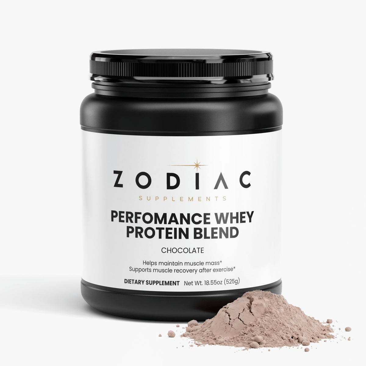 Performance Whey Protein Blend Chocolate protein powder by Zodiac Supplements with chocolate flavor.