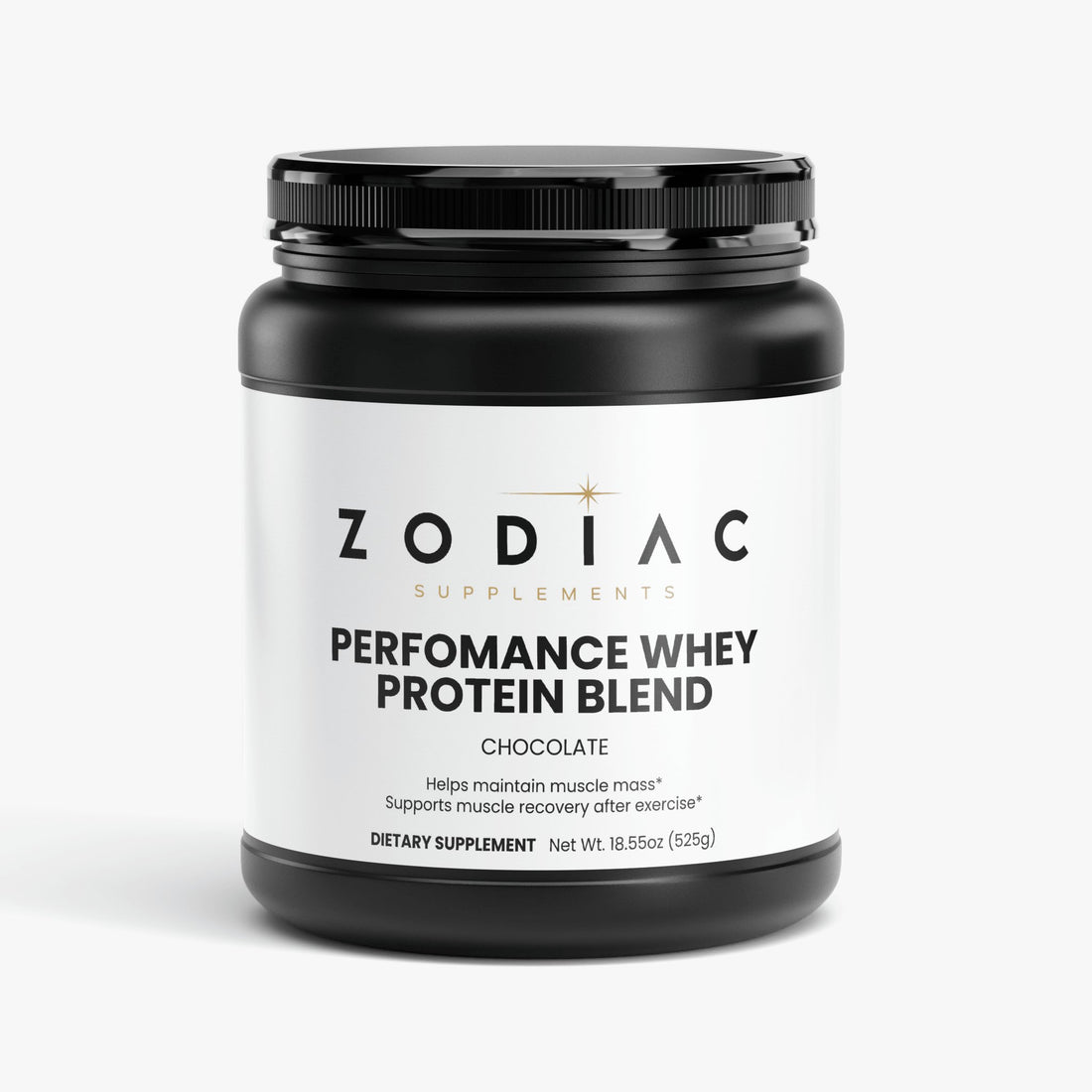 Performance Whey Protein Blend Chocolate in a black container, promoting muscle recovery and daily protein intake.