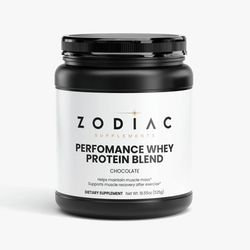 Performance Whey Protein Blend Chocolate in a black container, promoting muscle recovery and daily protein intake.
