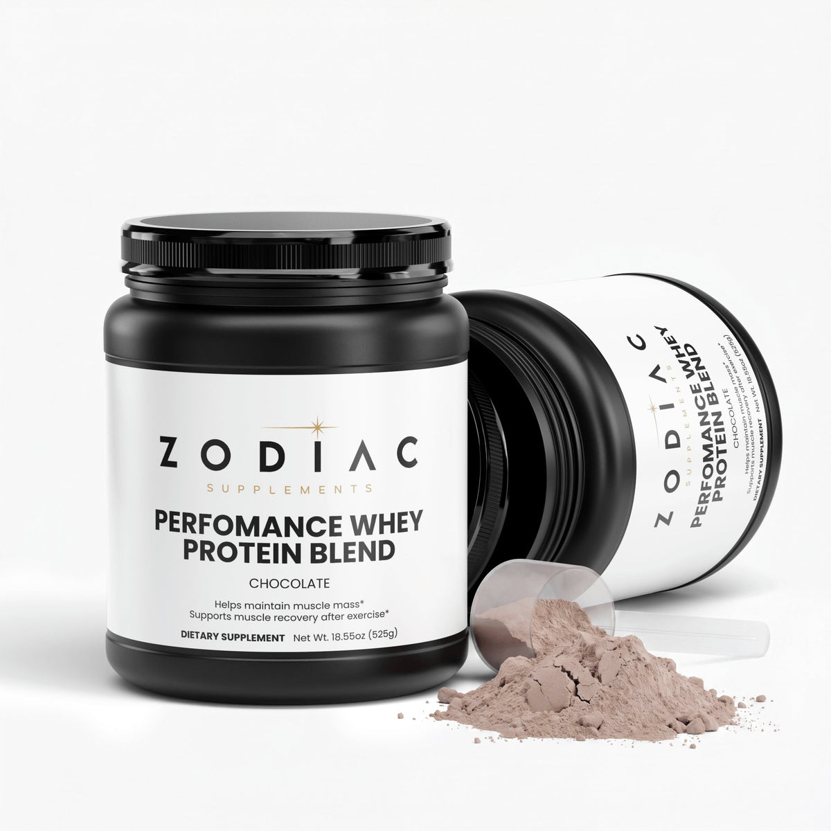 Performance Whey Protein Blend Chocolate in a jar, with powder scoop and protein powder on the table.