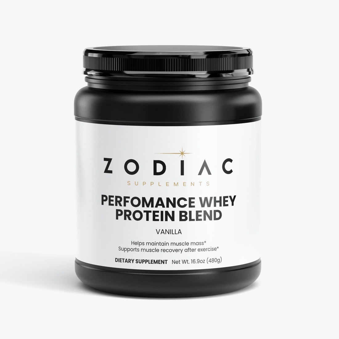 Performance Whey Protein Blend Vanilla in a black container with a white label for muscle recovery and maintenance.