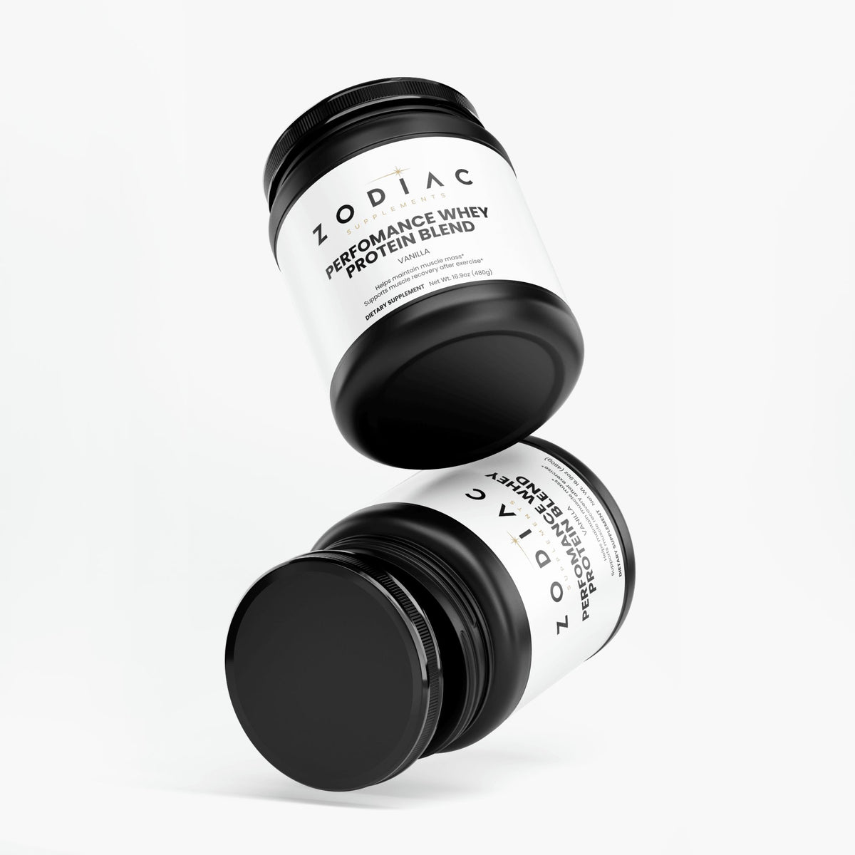 Two jars of Performance Whey Protein Blend Vanilla with sleek black lids against a white background.