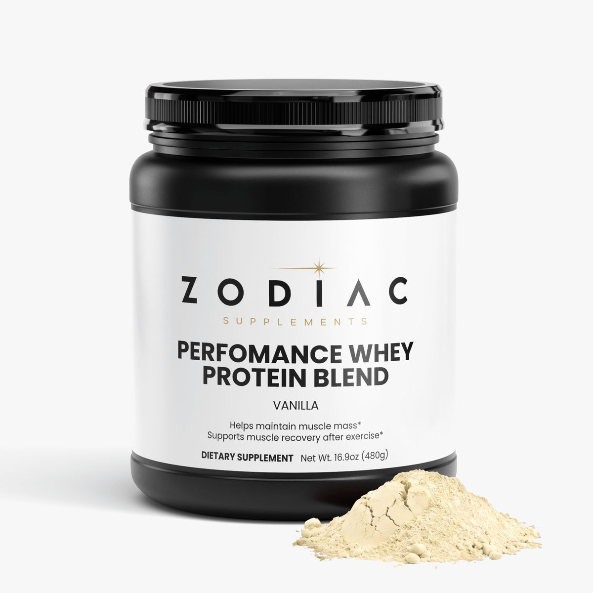 Performance Whey Protein Blend Vanilla container with protein powder, supports muscle recovery and daily protein intake.