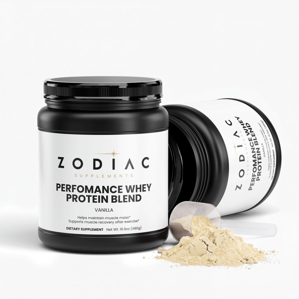 Performance Whey Protein Blend Vanilla supplement jar and powder for muscle recovery and protein intake.