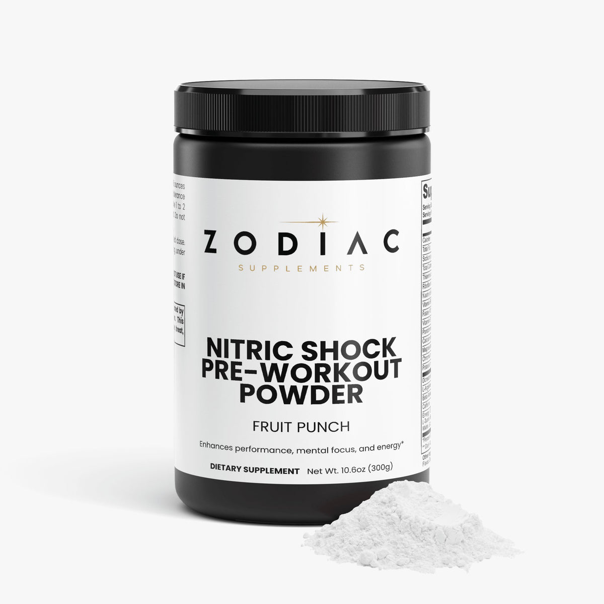 Nitric Shock Pre-Workout Powder Fruit Punch in a black container with white powder, designed for energy and focus.