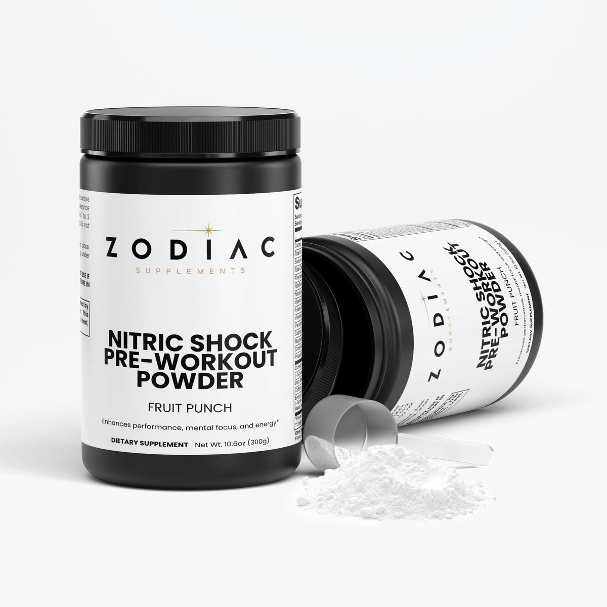 Nitric Shock Pre-Workout Powder Fruit Punch container and powder for enhanced energy and performance.