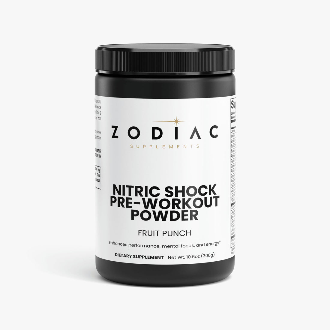 Nitric Shock Pre-Workout Powder Fruit Punch by Zodiac Supplements in a black container.