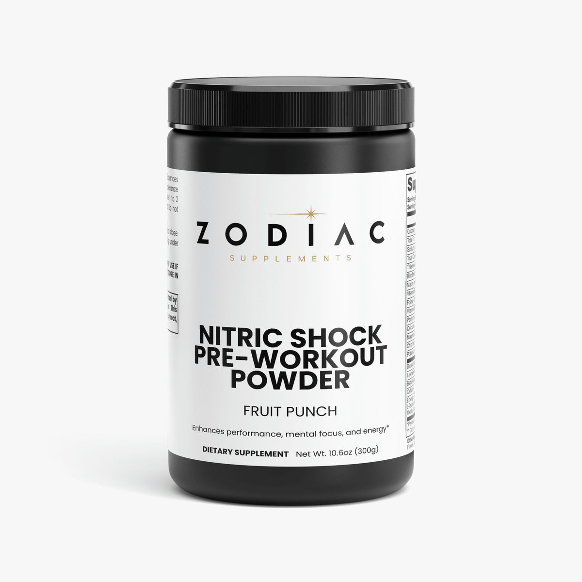 Nitric Shock Pre-Workout Powder Fruit Punch by Zodiac Supplements in a black container.