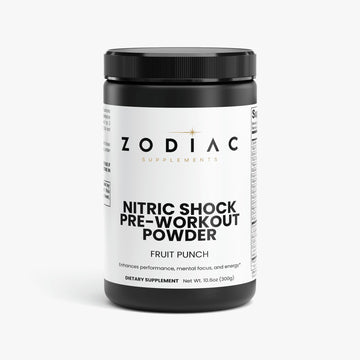 Nitric Shock Pre-Workout Powder Fruit Punch by Zodiac Supplements in a black container.