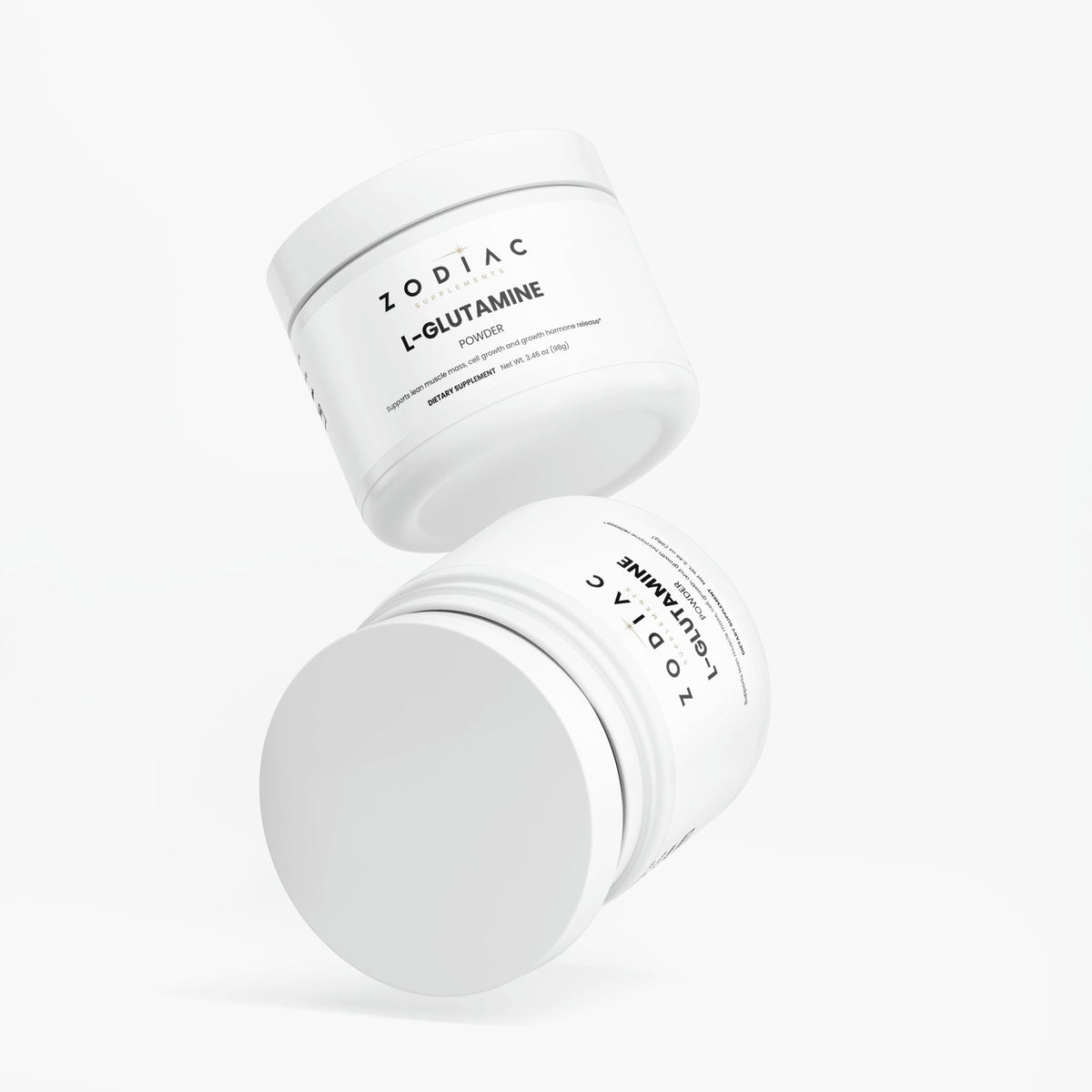 Zodiac L-Glutamine powder container showcasing muscle recovery supplements for athletes.