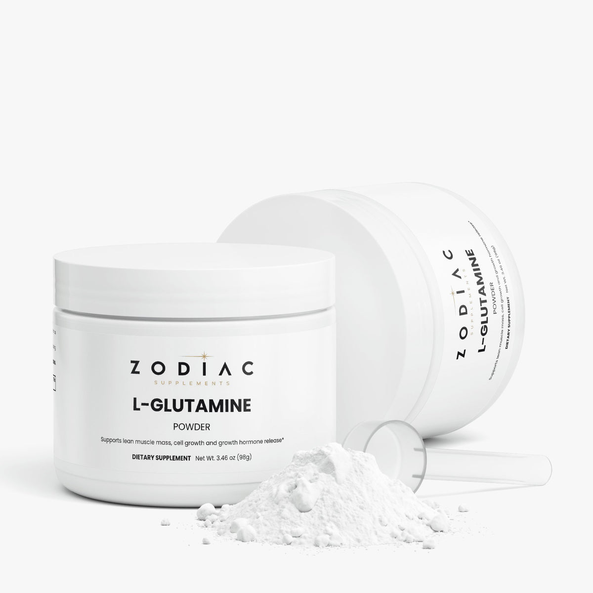L-Glutamine powder in a container with scoop, supports muscle recovery and growth for athletes.