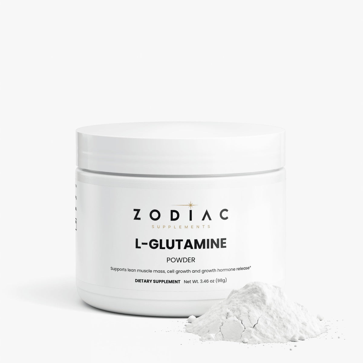 L-Glutamine dietary supplement powder container with white powder, supports muscle recovery and growth.