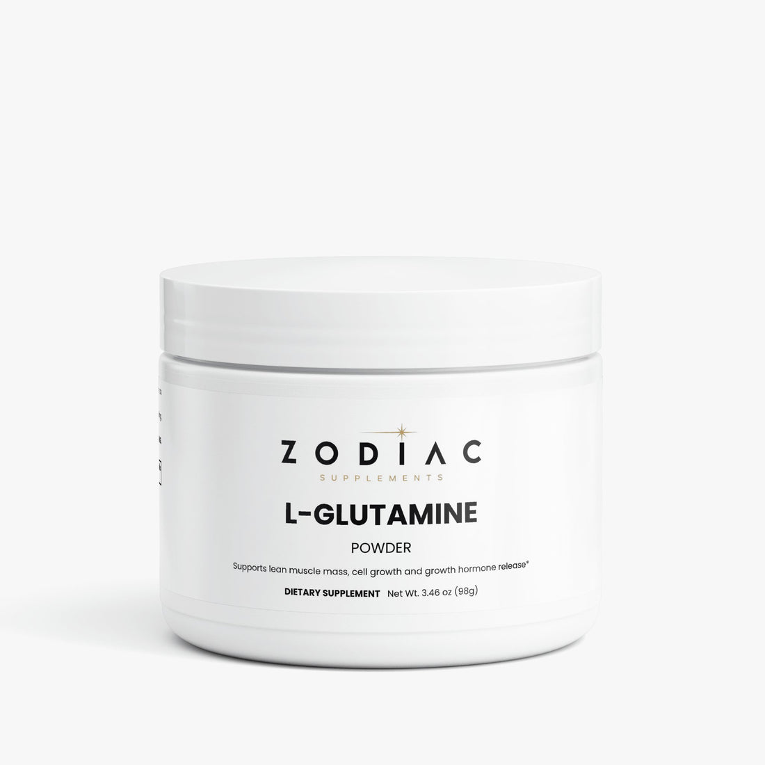 L-Glutamine supplement powder in a white container by Zodiac Supplements.