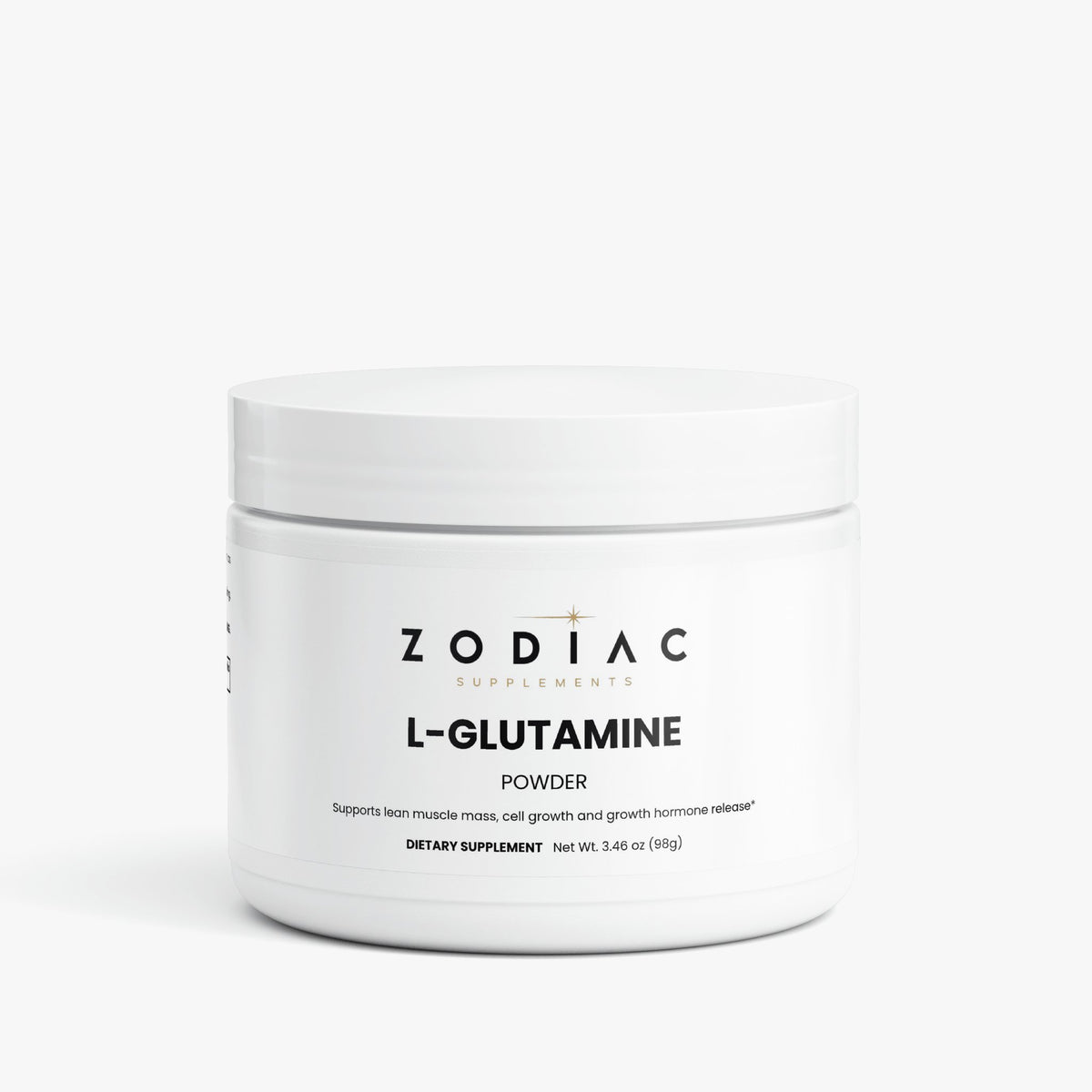 L-Glutamine supplement powder in a white container by Zodiac Supplements.