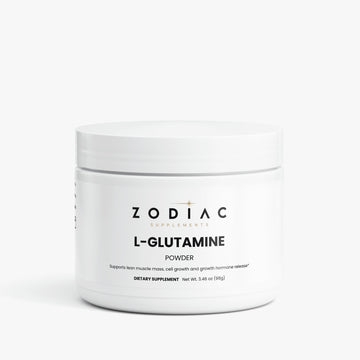 L-Glutamine supplement powder in a white container by Zodiac Supplements.