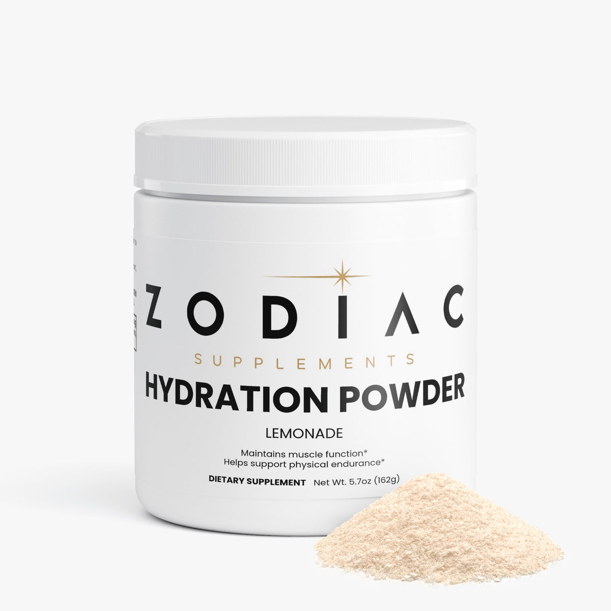 Zodiac Supplements Hydration Powder Lemonade container with powder on the side, designed for hydration and endurance support.