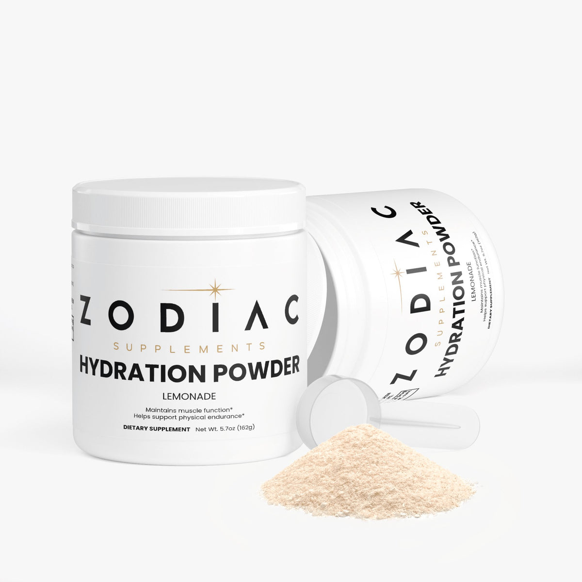 Zodiac Hydration Powder Lemonade jar and scoop with powder on a surface, designed for hydration and wellness.