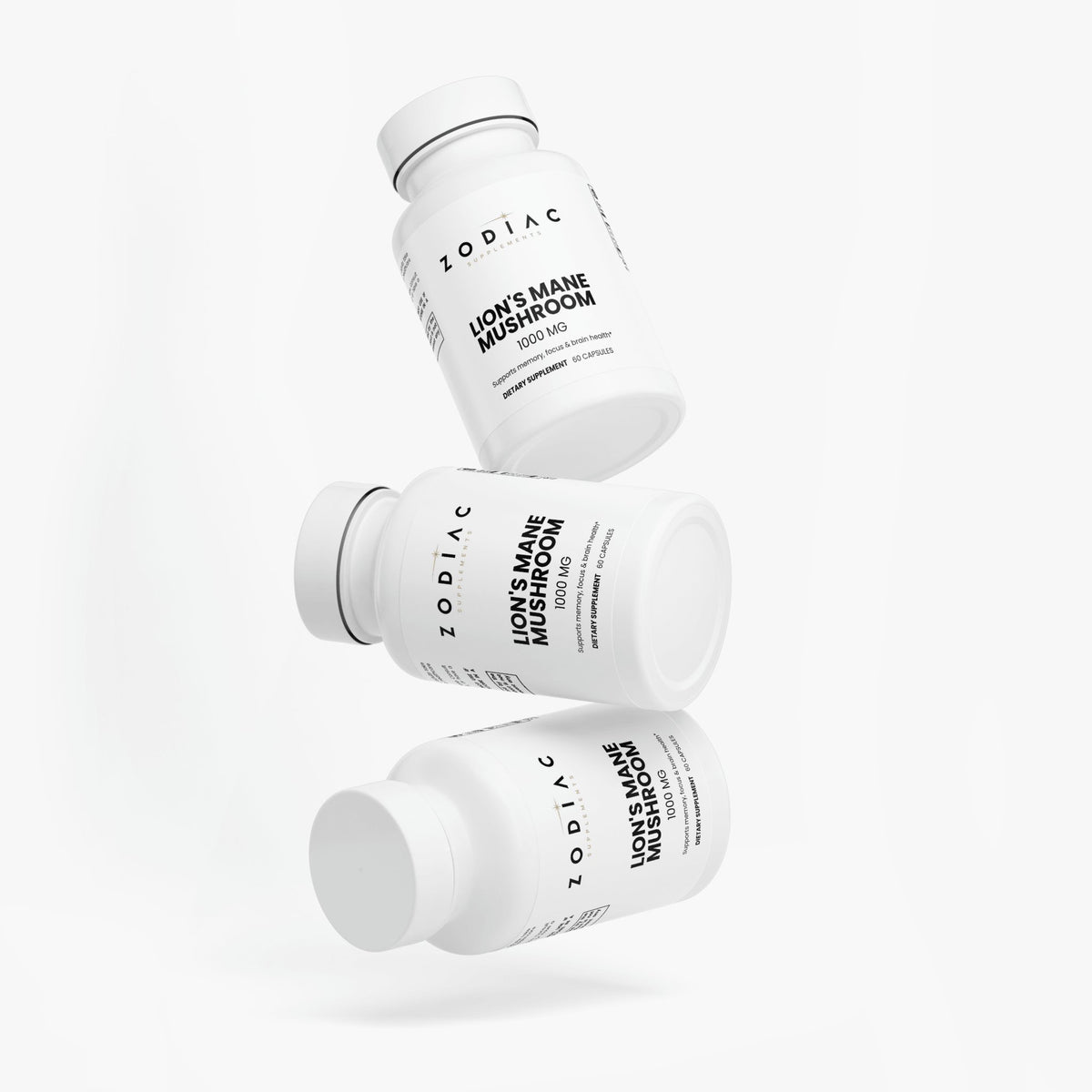 Three bottles of Lion's Mane Mushroom supplements from Zodiac, designed for cognitive wellness and brain health.
