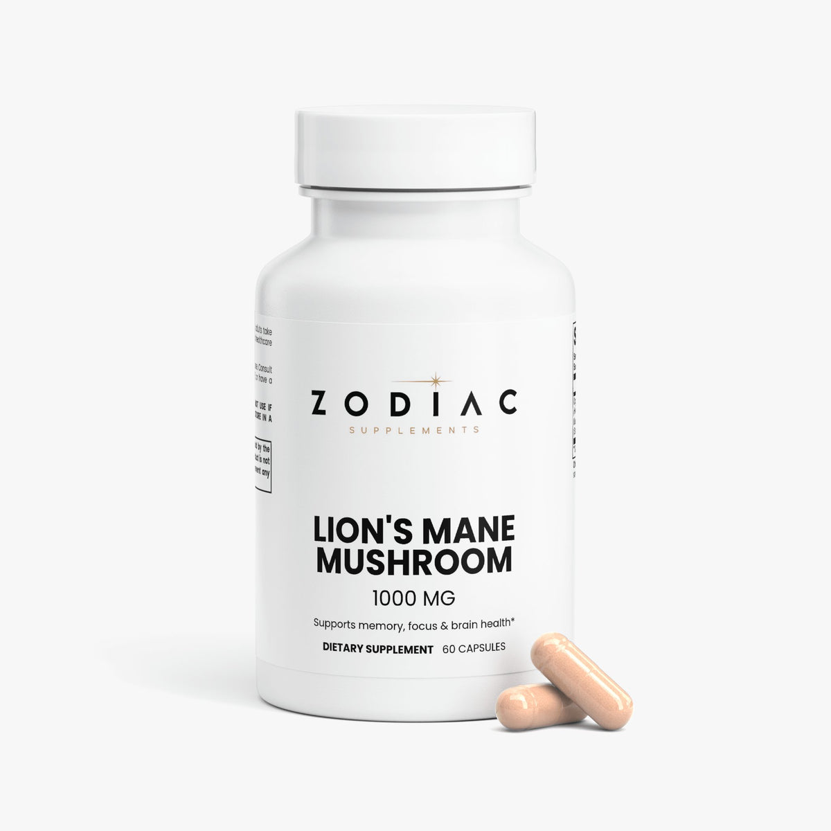 Bottle of Lion's Mane Mushroom dietary supplement with 1000 mg, supports memory and focus.
