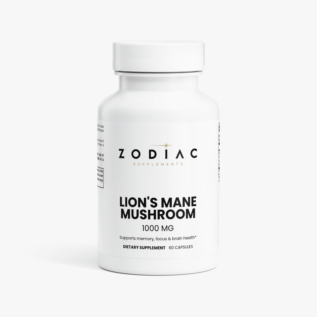 Lion's Mane Mushroom dietary supplement by Zodiac, 1000 mg, supports memory, focus, and brain health, 60 capsules.