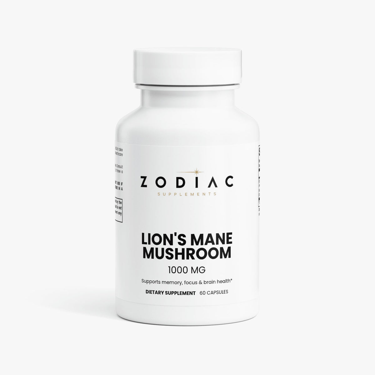 Lion's Mane Mushroom dietary supplement by Zodiac, 1000 mg, supports memory, focus, and brain health, 60 capsules.