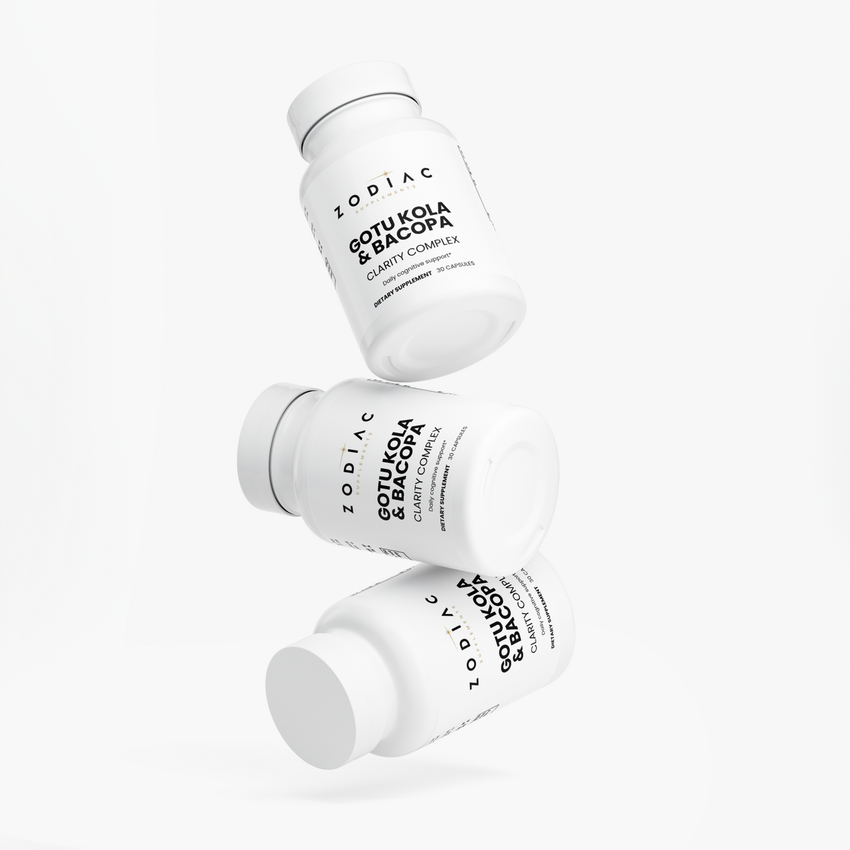 Gotu Kola & Bacopa Clarity Complex bottles displayed in a floating arrangement, promoting natural wellness.
