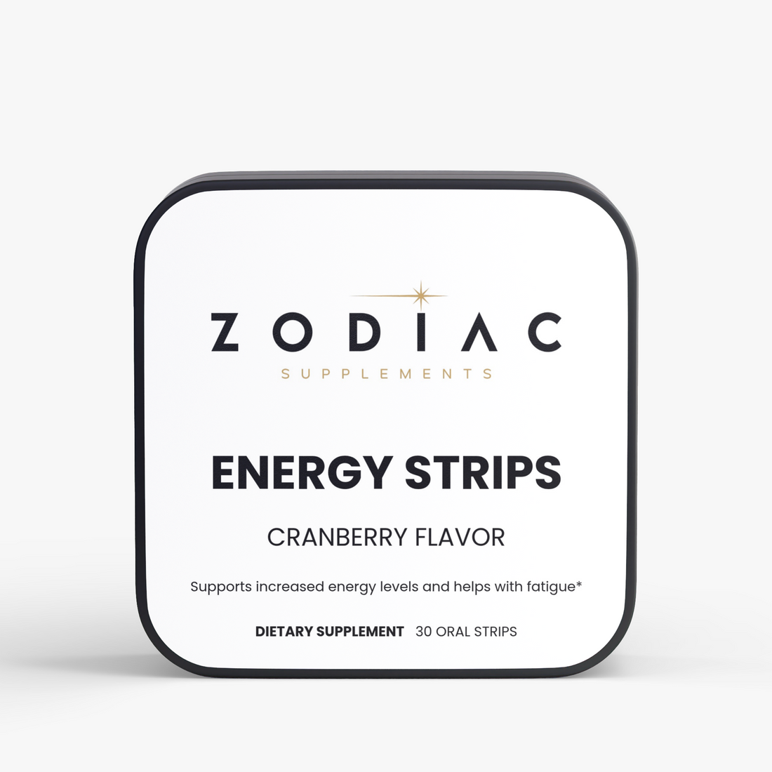 Zodiac Energy Strips cranberry flavor packaging for energy support and mental focus, 30 oral strips