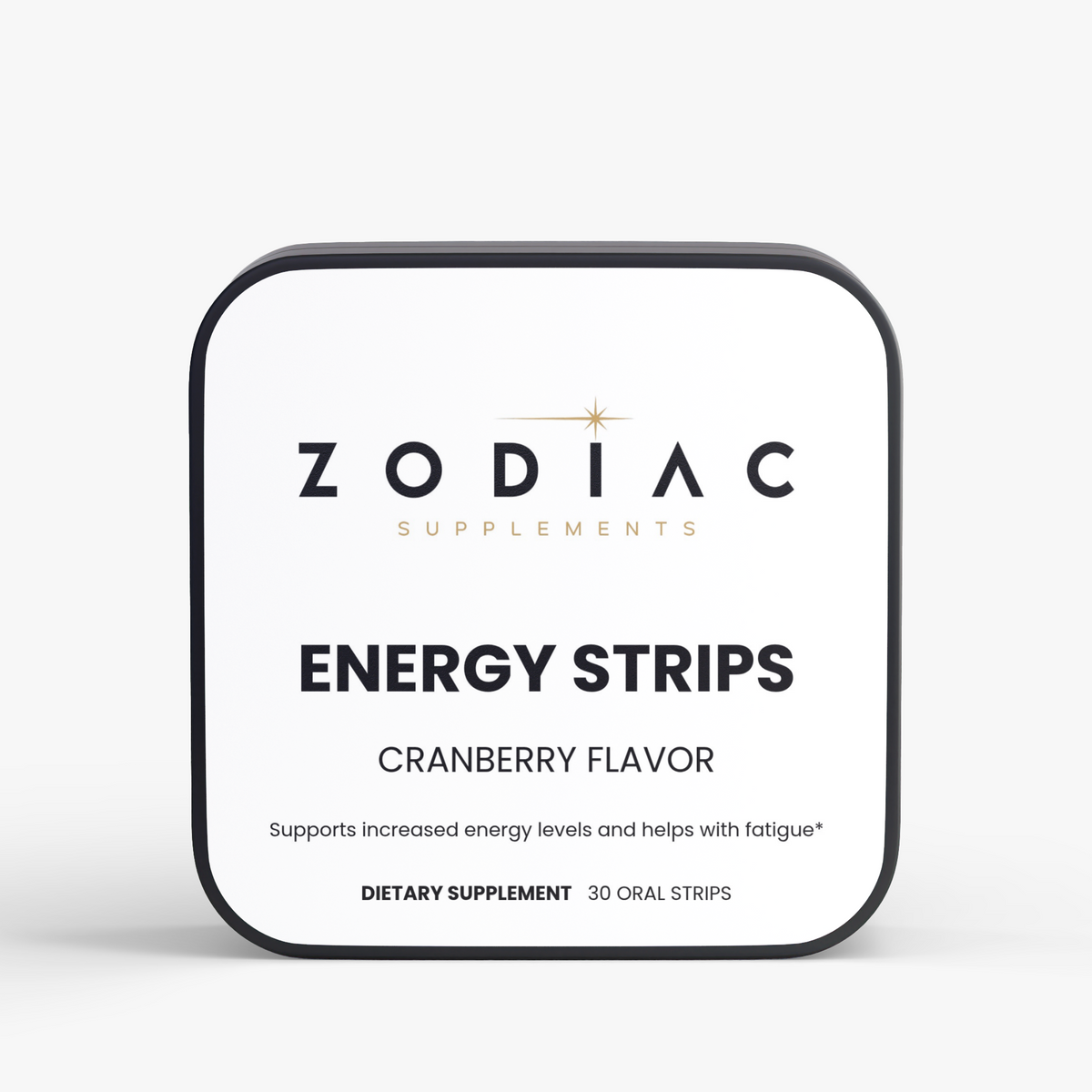 Zodiac Energy Strips cranberry flavor packaging for energy support and mental focus, 30 oral strips