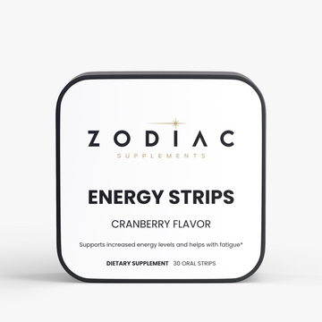 Zodiac Energy Strips cranberry flavor packaging for energy support and mental focus, 30 oral strips