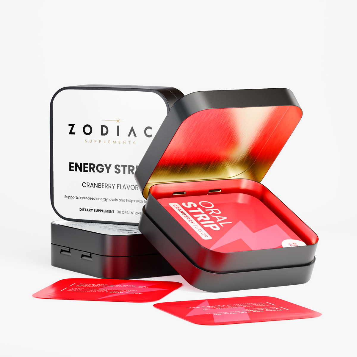 Zodiac Supplements Energy Strips cranberry flavor in a portable tin for quick energy and focus support.