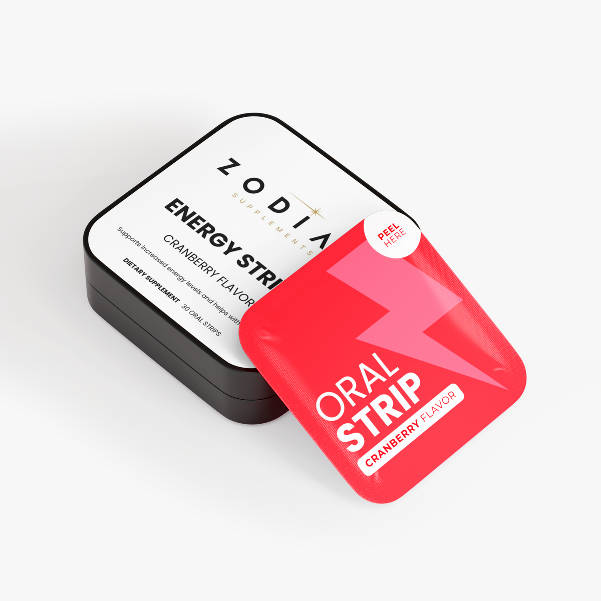 Zodiac Energy Strips cranberry flavor packaging with oral strip design for quick energy support
