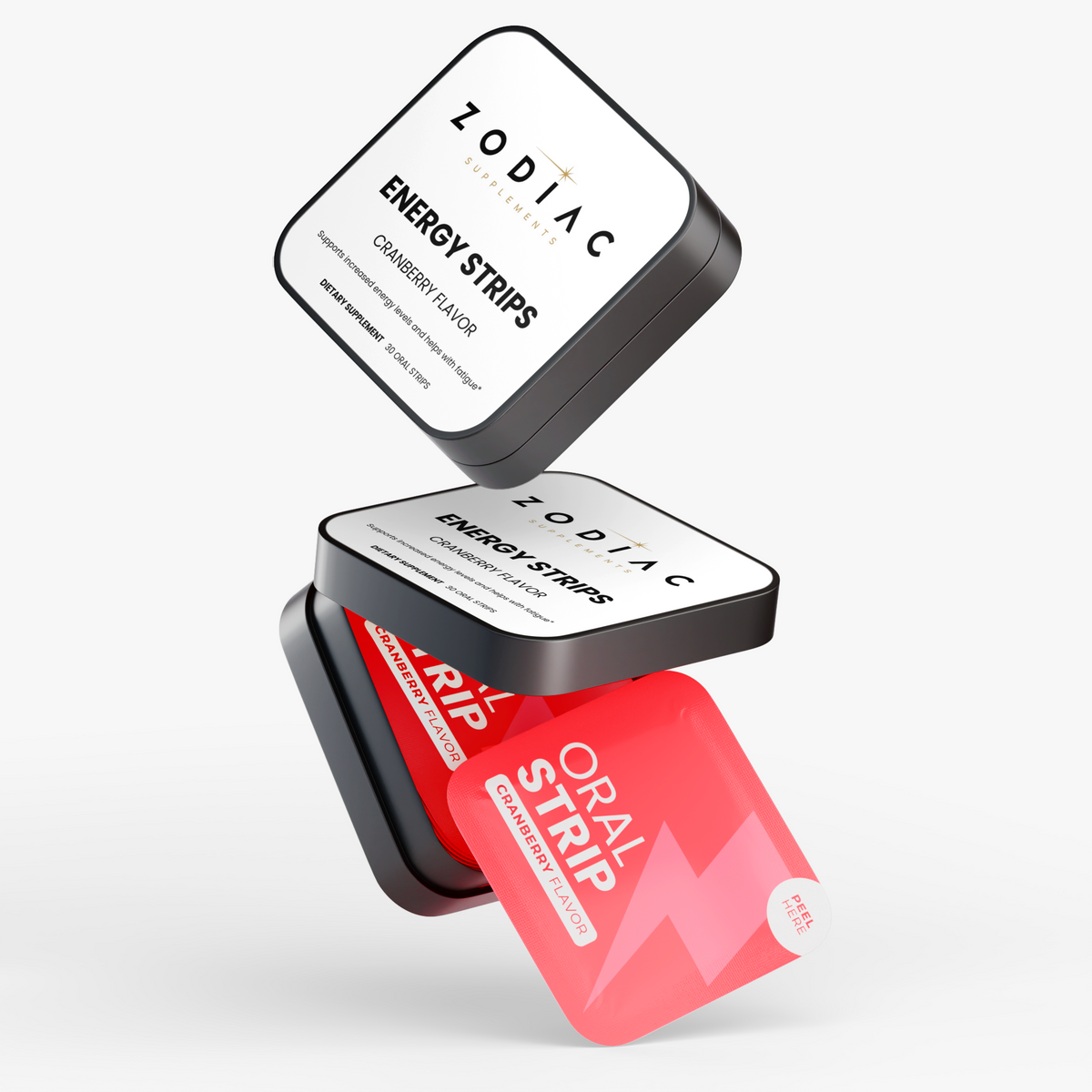 Energy Strips packaging featuring cranberry flavor enhancing energy and focus for active lifestyles.