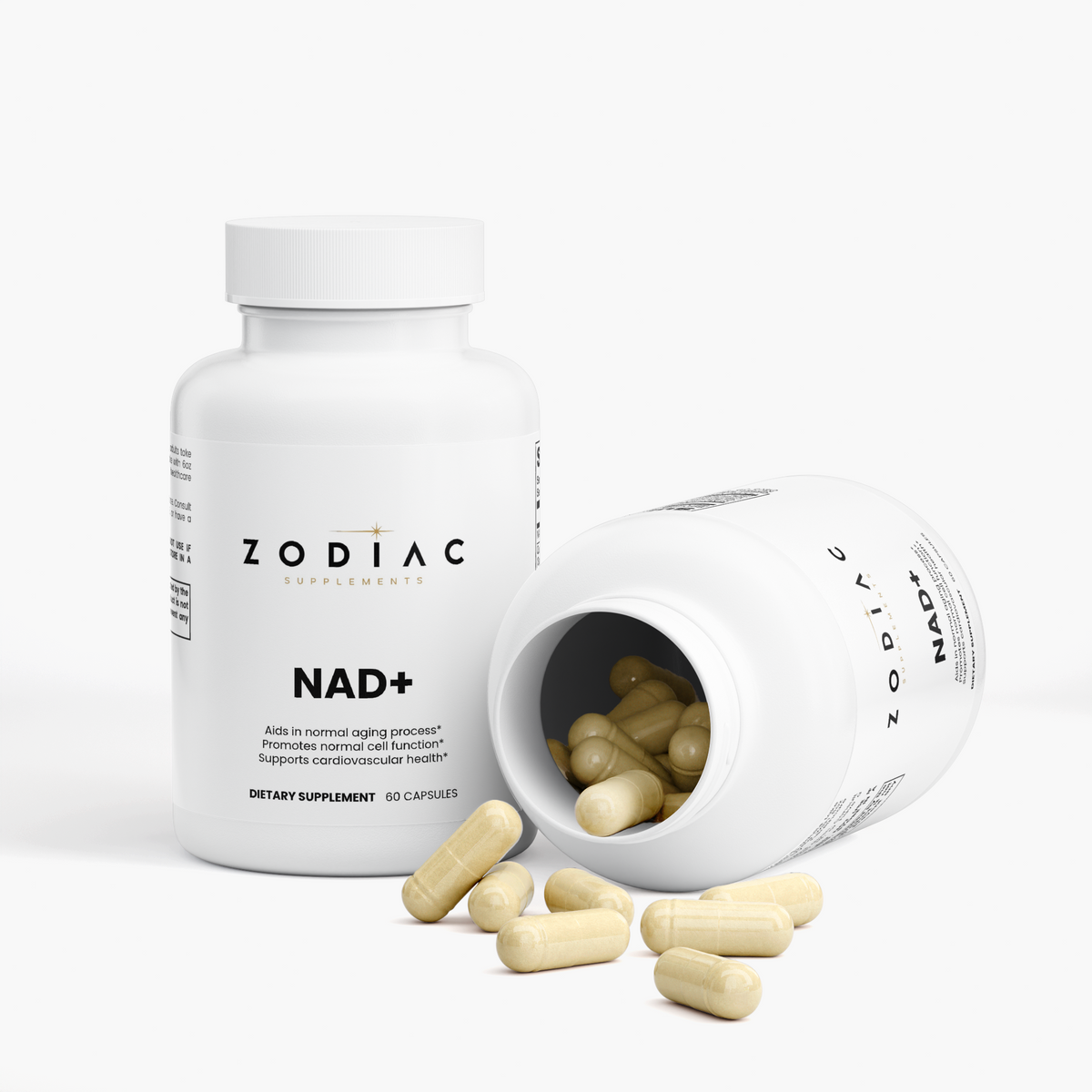 NAD+ supplement bottle with capsules for cellular energy and metabolic function support.