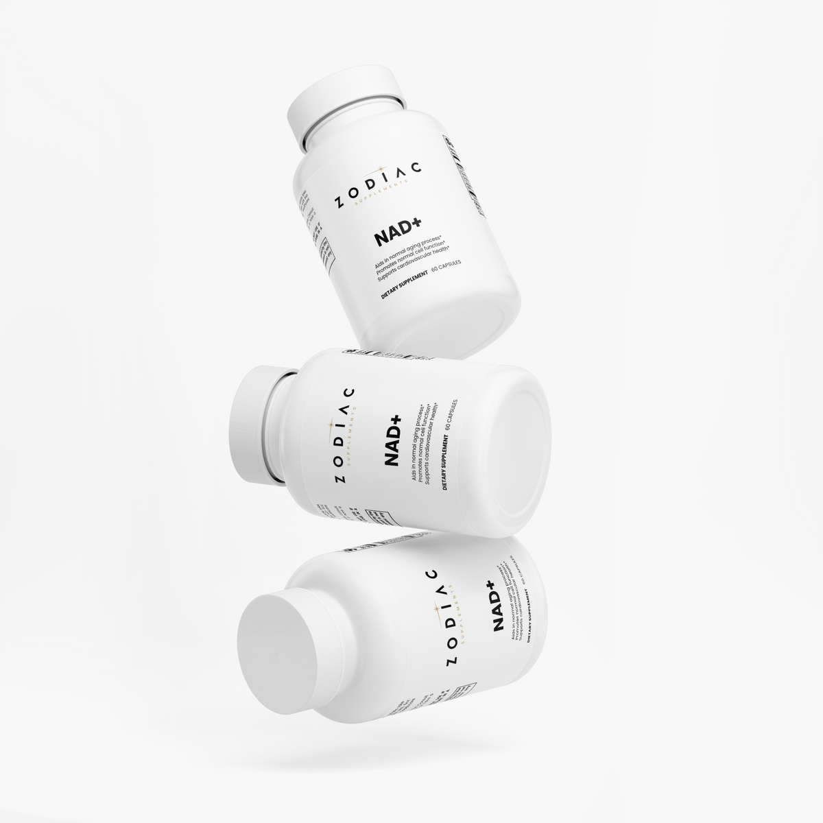 Three bottles of NAD+ supplement by Zodiac, featuring 500mg of Nicotinamide Adenine Dinucleotide.