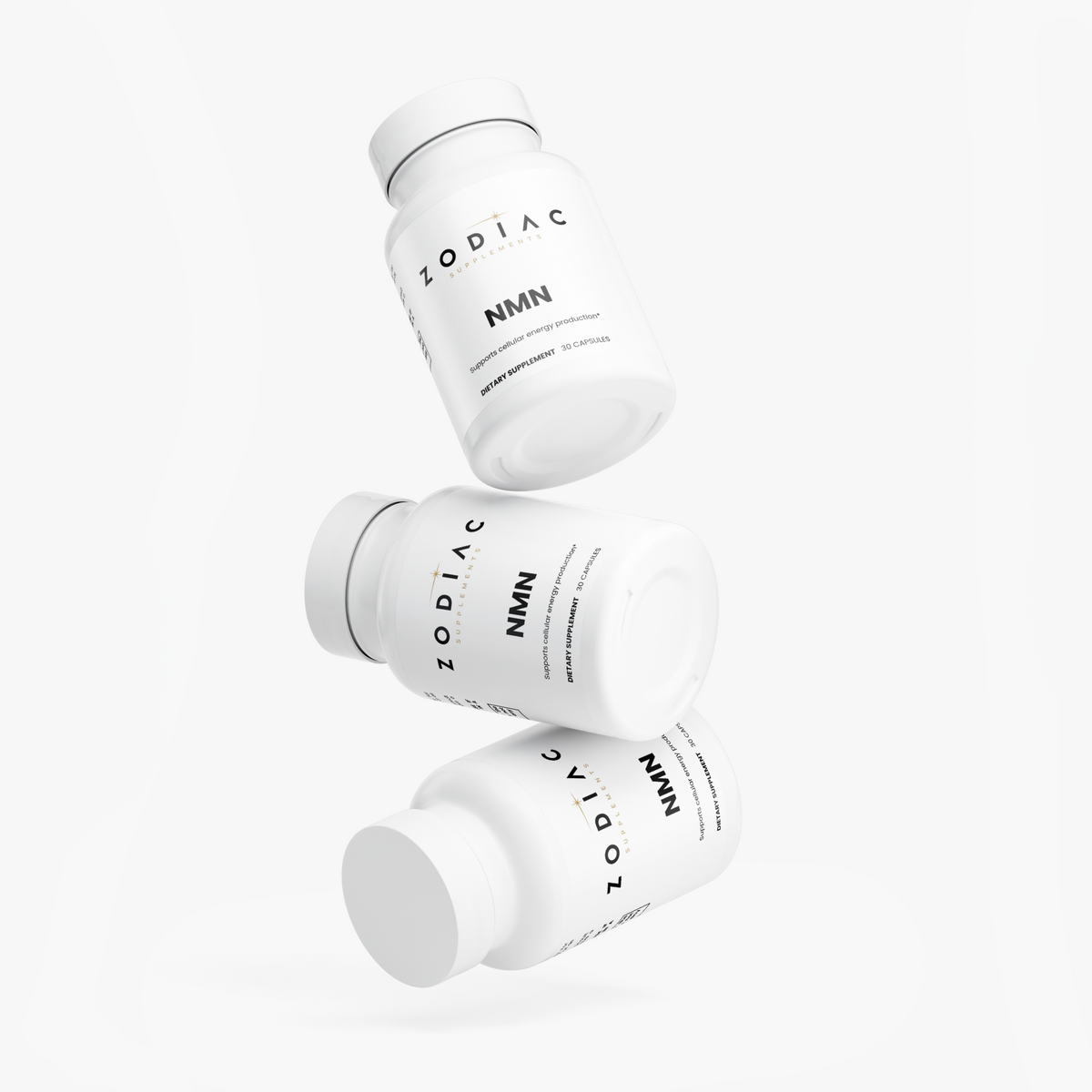 Three NMN capsules stacked with ZODIAC branding for cellular energy metabolism support.