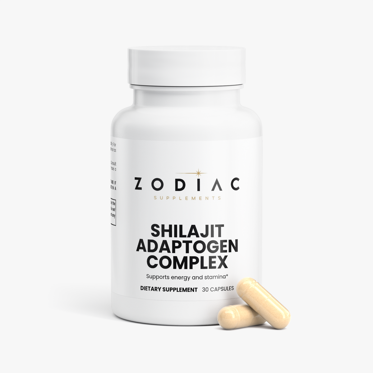 Shilajit Adaptogen Complex dietary supplement bottle with capsules, supports energy and stamina.