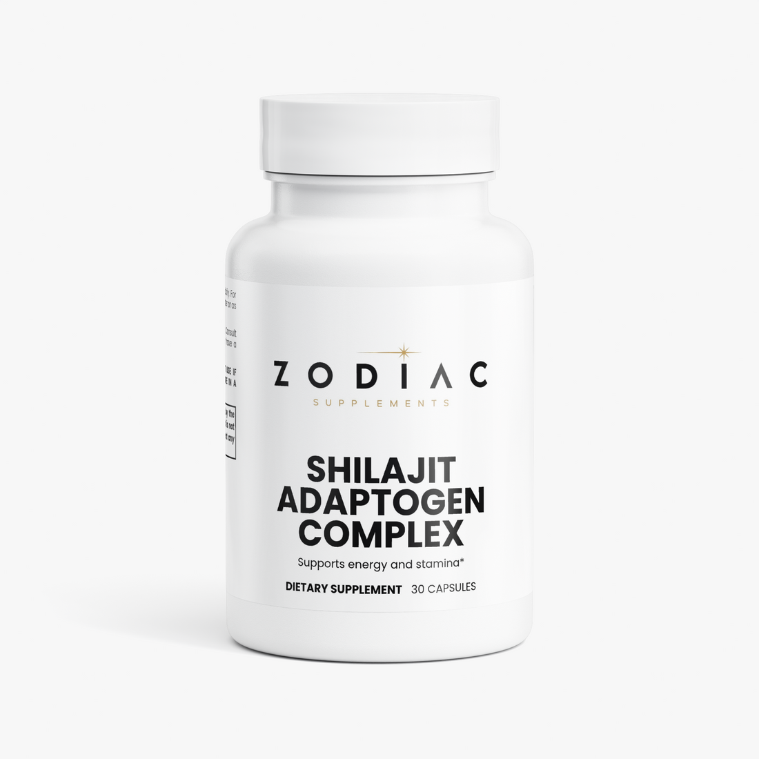Shilajit Adaptogen Complex supplement bottle, 30 capsules for energy and stamina.